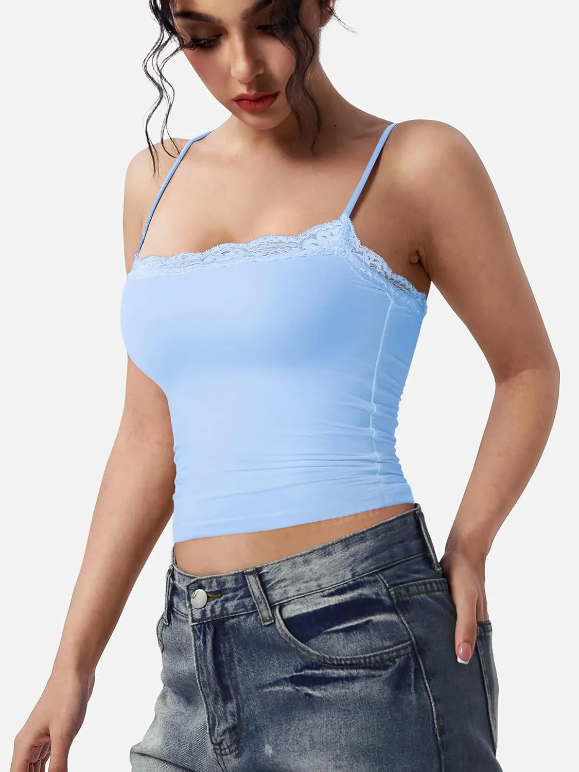 YEOREO Women Lace Tank Top Slim Fit Cami Sexy Sleeveless Y2K Going Out Camisoles Strap Basic Tops