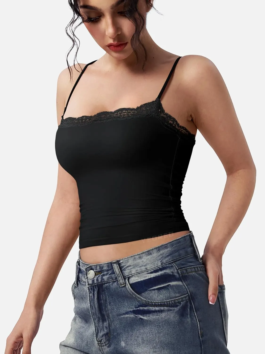YEOREO Women Lace Tank Top Slim Fit Cami Sexy Sleeveless Y2K Going Out Camisoles Strap Basic Tops