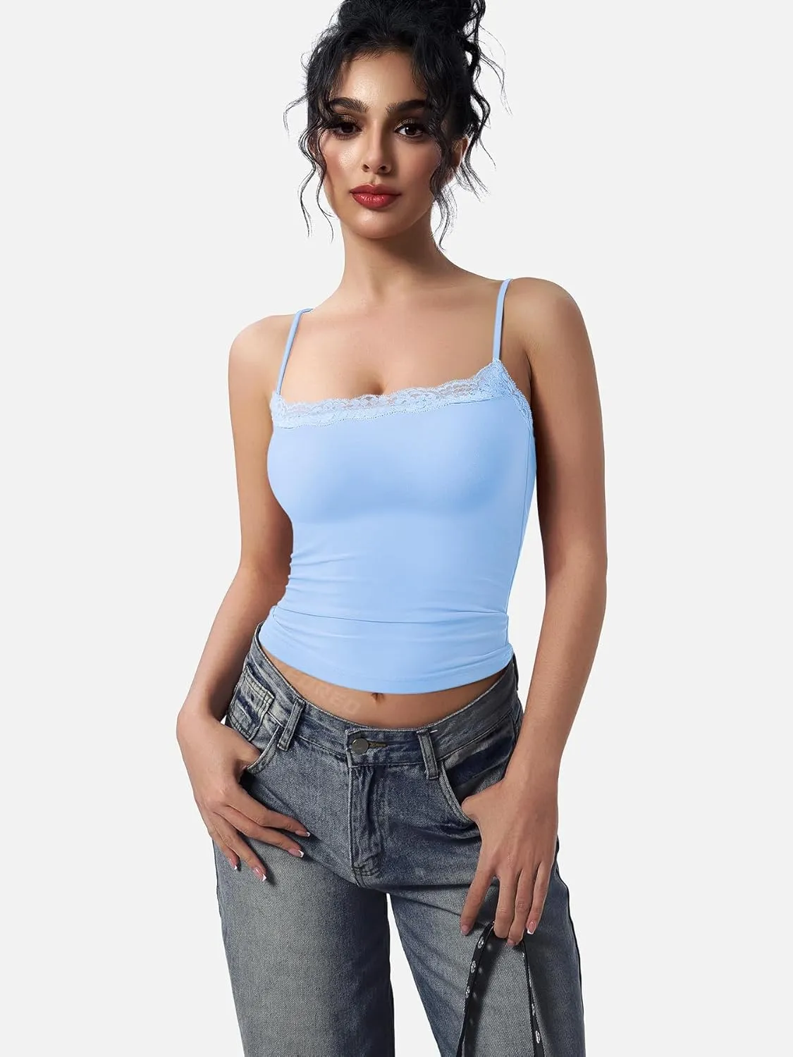YEOREO Women Lace Tank Top Slim Fit Cami Sexy Sleeveless Y2K Going Out Camisoles Strap Basic Tops