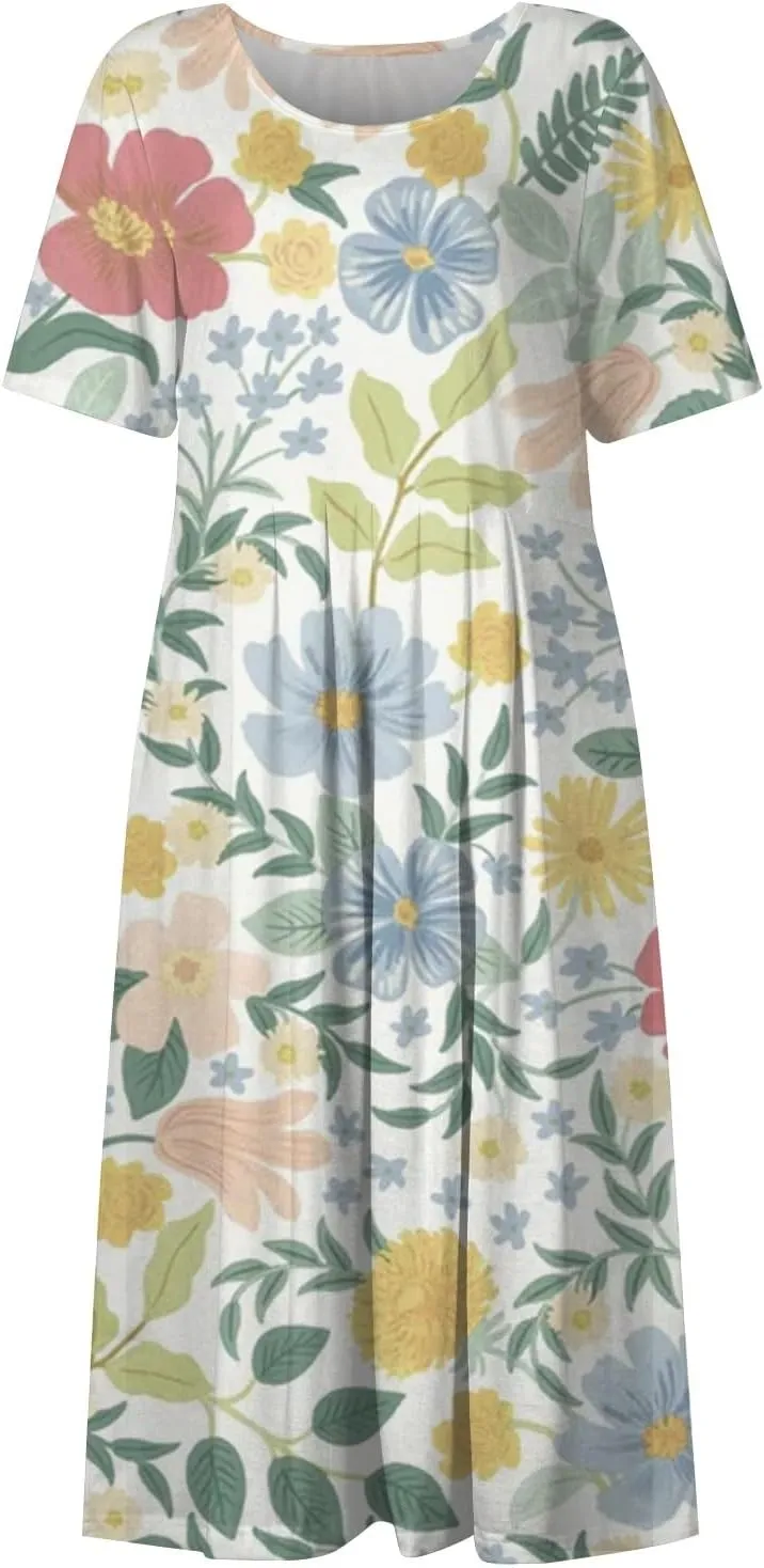 Yesunpxs Summer Dresses for Women Floral Print Loose Sundresses Short Sleeves Round Neck Beach Dress Casual Maxi Dress with