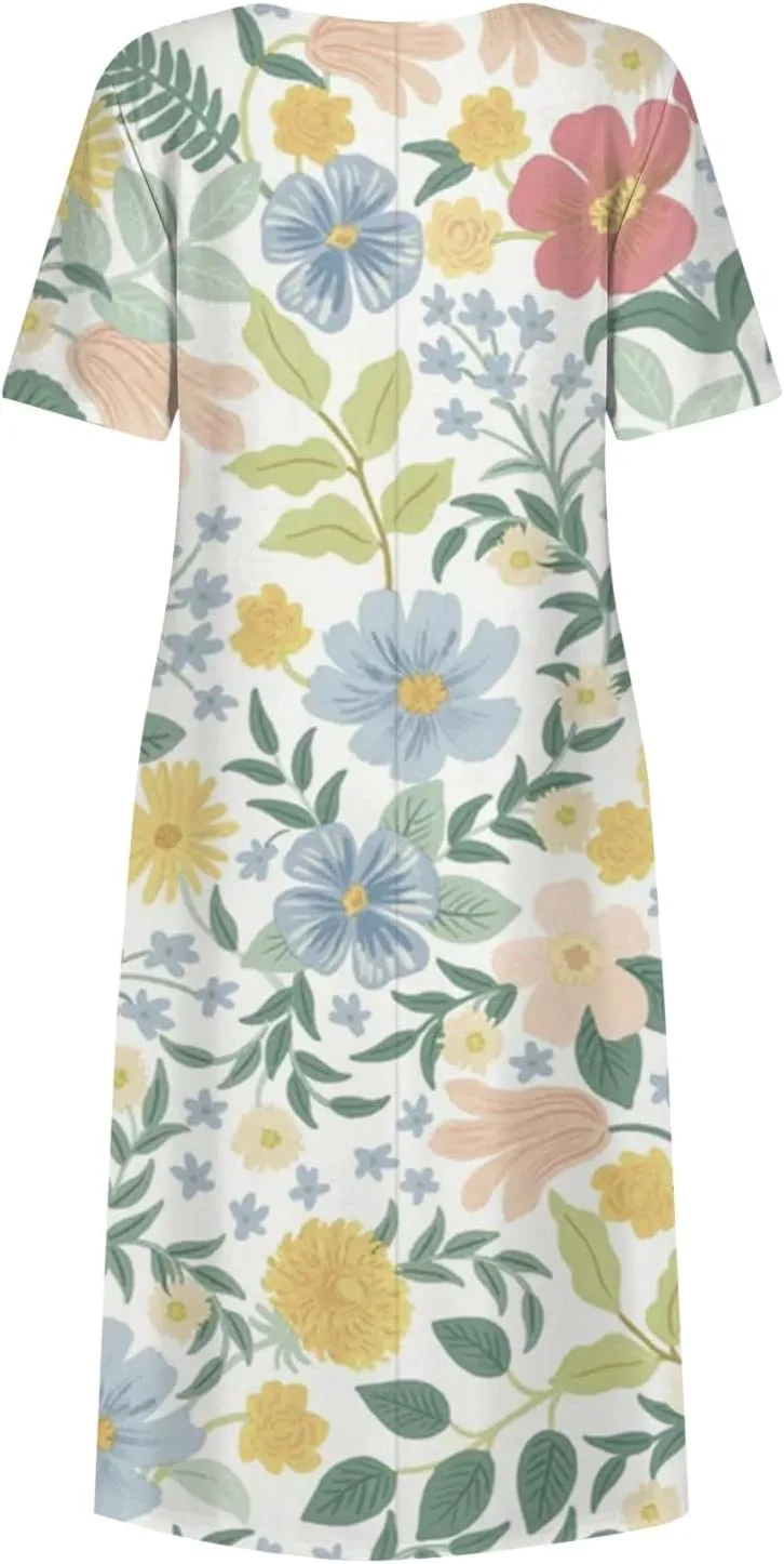 Yesunpxs Summer Dresses for Women Floral Print Loose Sundresses Short Sleeves Round Neck Beach Dress Casual Maxi Dress with