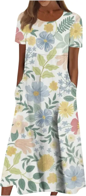 Yesunpxs Summer Dresses for Women Floral Print Loose Sundresses Short Sleeves Round Neck Beach Dress Casual Maxi Dress with