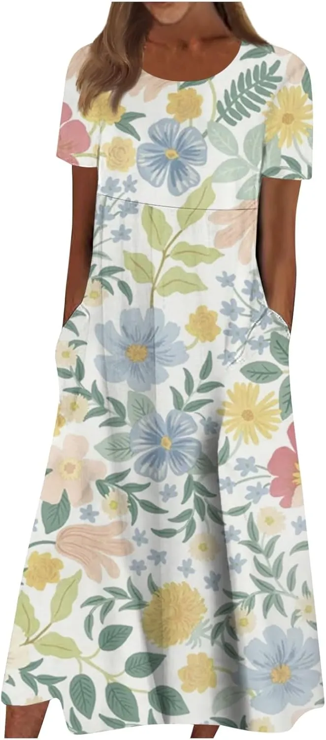 Yesunpxs Summer Dresses for Women Floral Print Loose Sundresses Short Sleeves Round Neck Beach Dress Casual Maxi Dress with