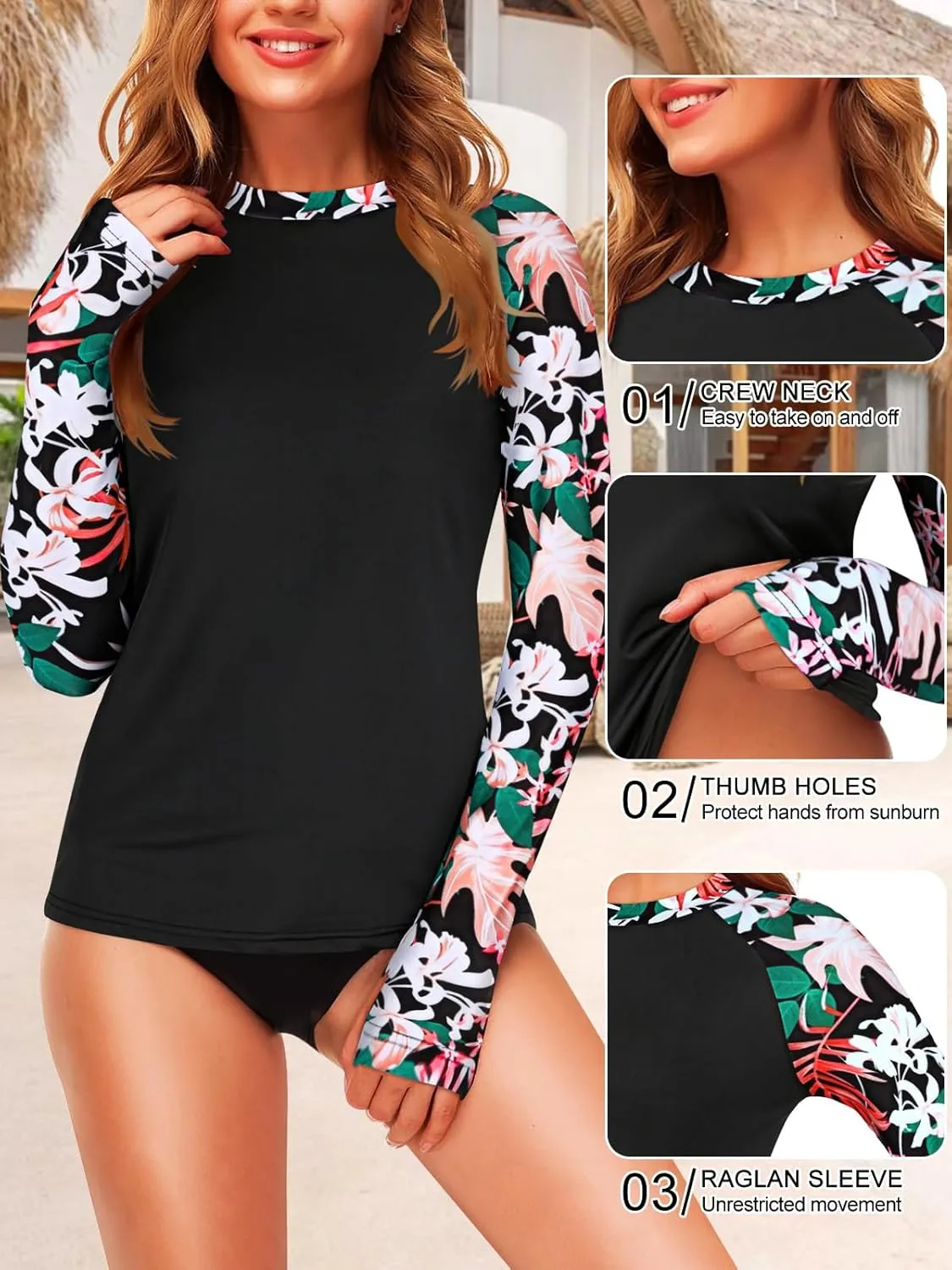 Zamowoty Womens Rash Guard Long Sleeve Swim Shirts UPF 50  Sun Protection Bathing Suit Swimsuit Top with Thumb Hole No Bottom