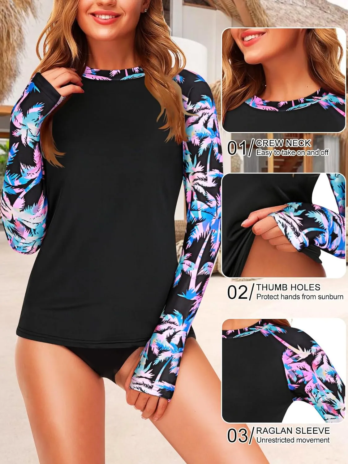 Zamowoty Womens Rash Guard Long Sleeve Swim Shirts UPF 50  Sun Protection Bathing Suit Swimsuit Top with Thumb Hole No Bottom