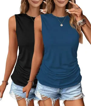 Zeagoo Womens Ruched Tank Tops Summer Dressy Casual Crewneck Sleeveless Shirts S-XXL