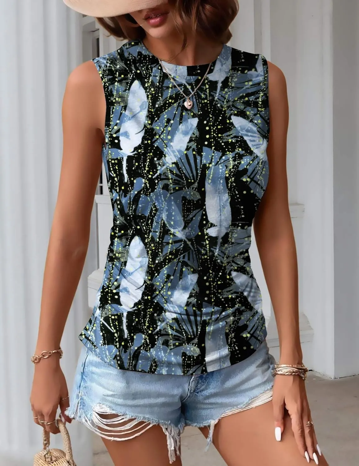 Zeagoo Womens Ruched Tank Tops Summer Dressy Casual Crewneck Sleeveless Shirts S-XXL
