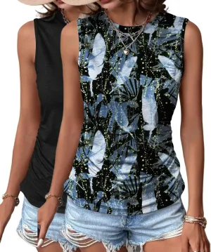 Zeagoo Womens Ruched Tank Tops Summer Dressy Casual Crewneck Sleeveless Shirts S-XXL