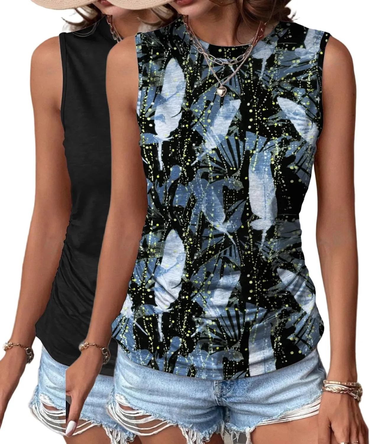 Zeagoo Womens Ruched Tank Tops Summer Dressy Casual Crewneck Sleeveless Shirts S-XXL