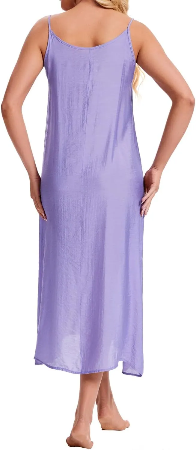 ZEEREE Women's Cotton Silk Long Full Slips for Under Dresses Camisoles Slip Dress Cami Dress Chemise Petticoat