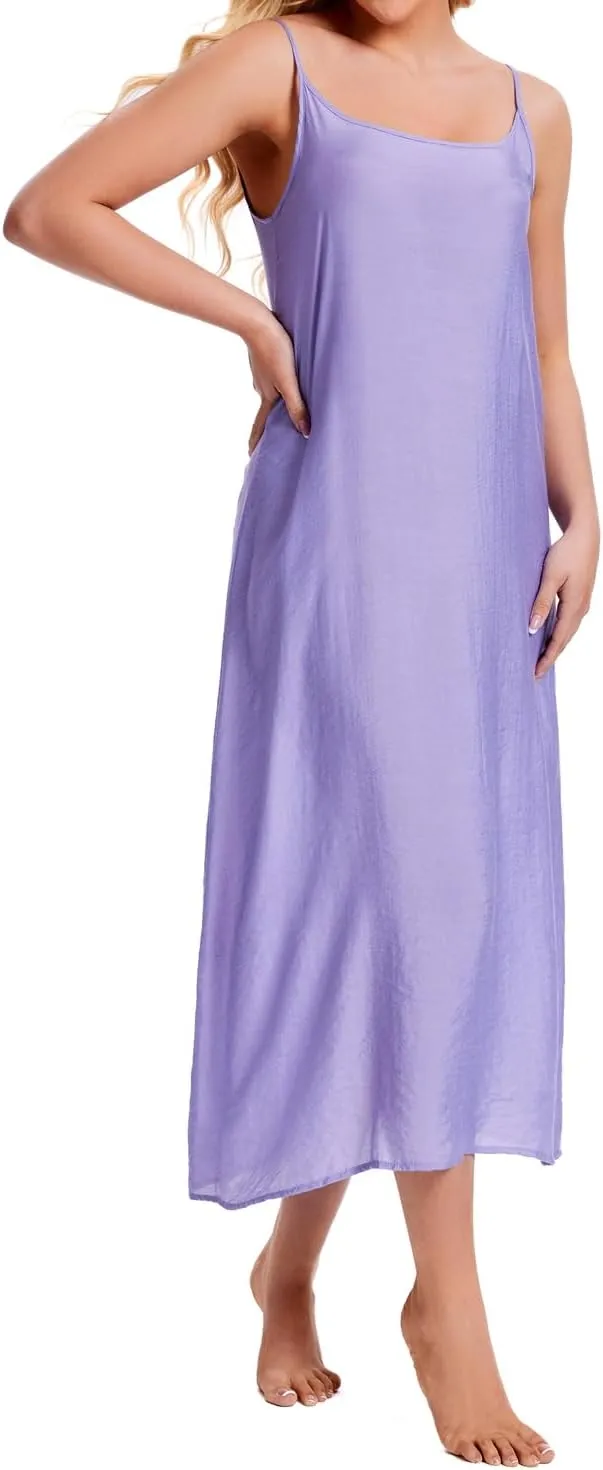 ZEEREE Women's Cotton Silk Long Full Slips for Under Dresses Camisoles Slip Dress Cami Dress Chemise Petticoat