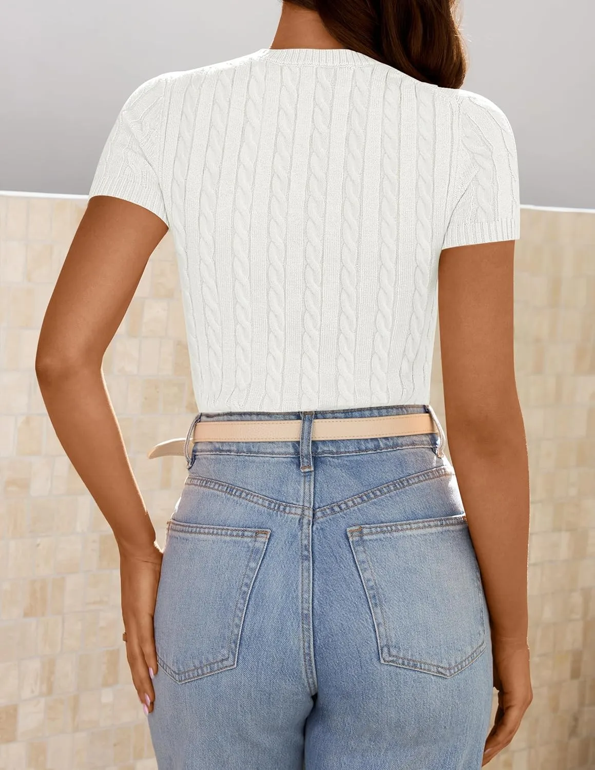 ZESICA Women's Trendy Short Sleeve Sweater Shirts Spring Summer Cable Knit Pullover Tops